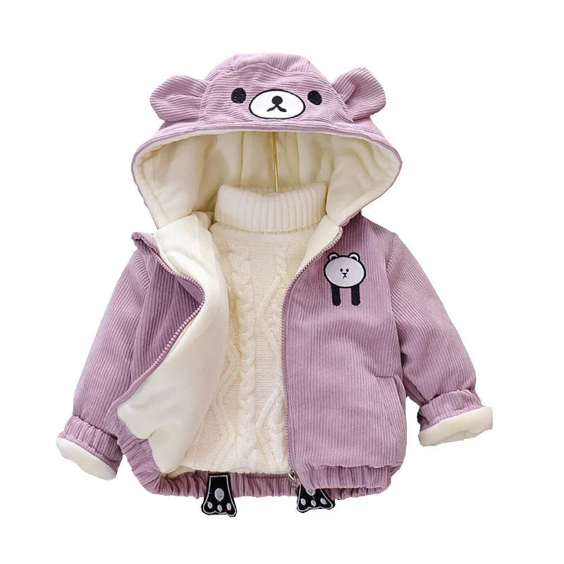 Striped corduroy baby girl coat with hood on hanger, khaki colour, side view showing ribbed texture and button closure