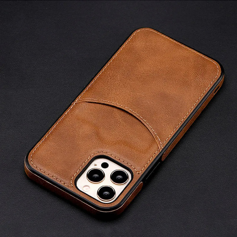 Dark blue PU leather protective case for various iPhone models on a table