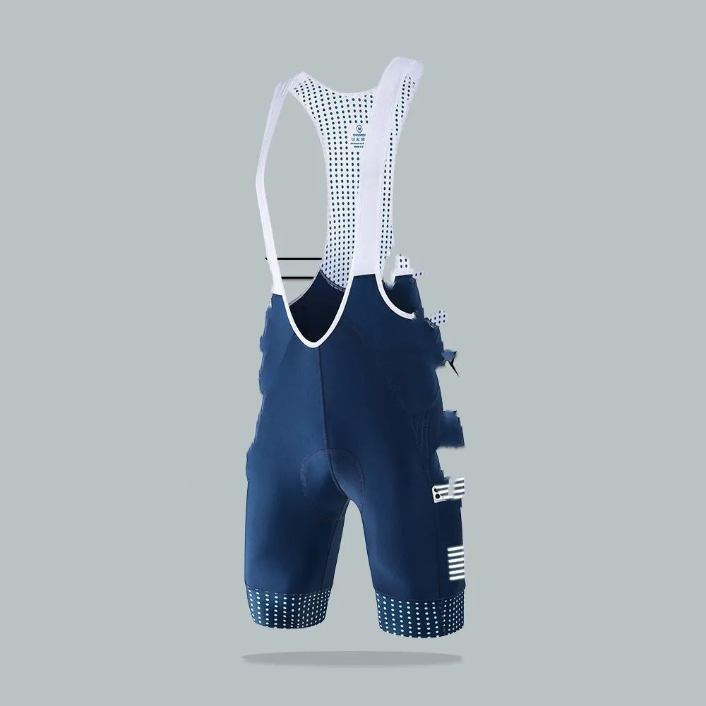 Men's black suspender shorts for road bike cycling with integrated straps and polyester fabric