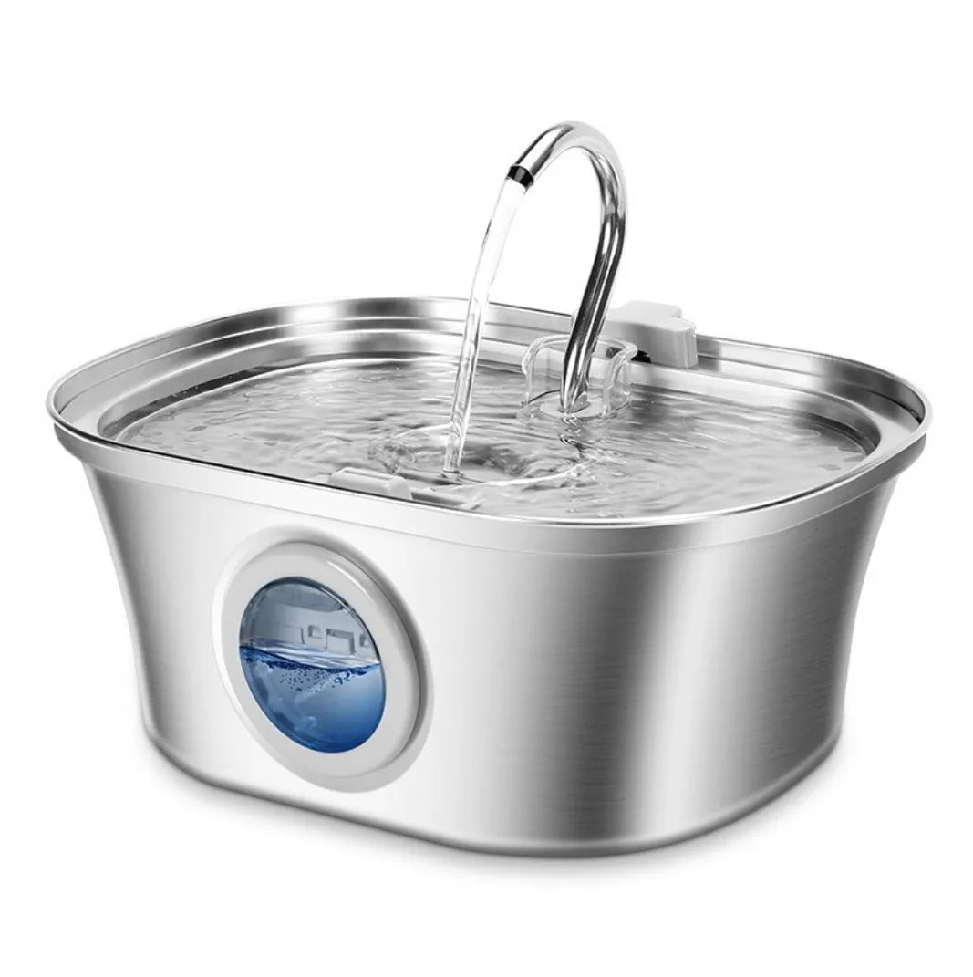 Stainless steel pet water dispenser with large 4-litre tank and selectable water outlet design