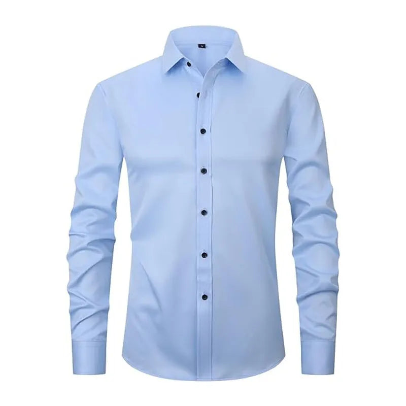 Men's stretch polyester long sleeve work shirt shown in a colour option, laid flat to show design.