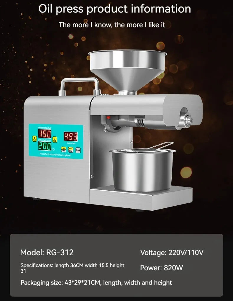 Xiangwei household oil press with digital display measuring 36cm long on kitchen counter