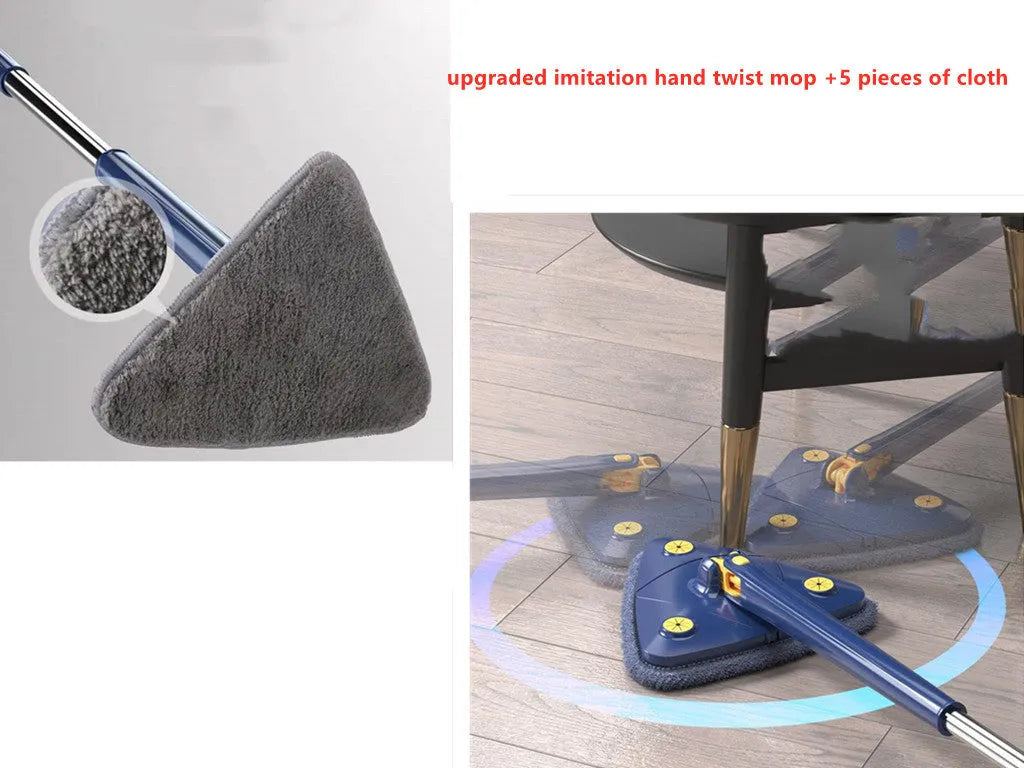 Blue triangle cleaning mop with rotating head and extendable stainless steel pole on a tiled floor