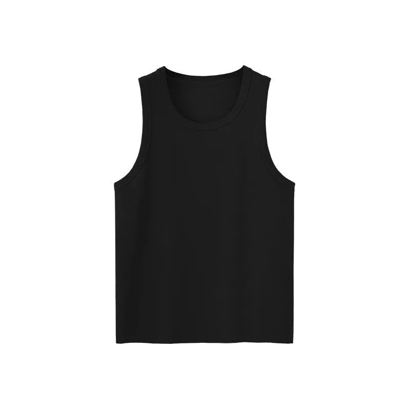 Navy slim fit stretch t-shirt shown in vest and short sleeve styles for men and women.