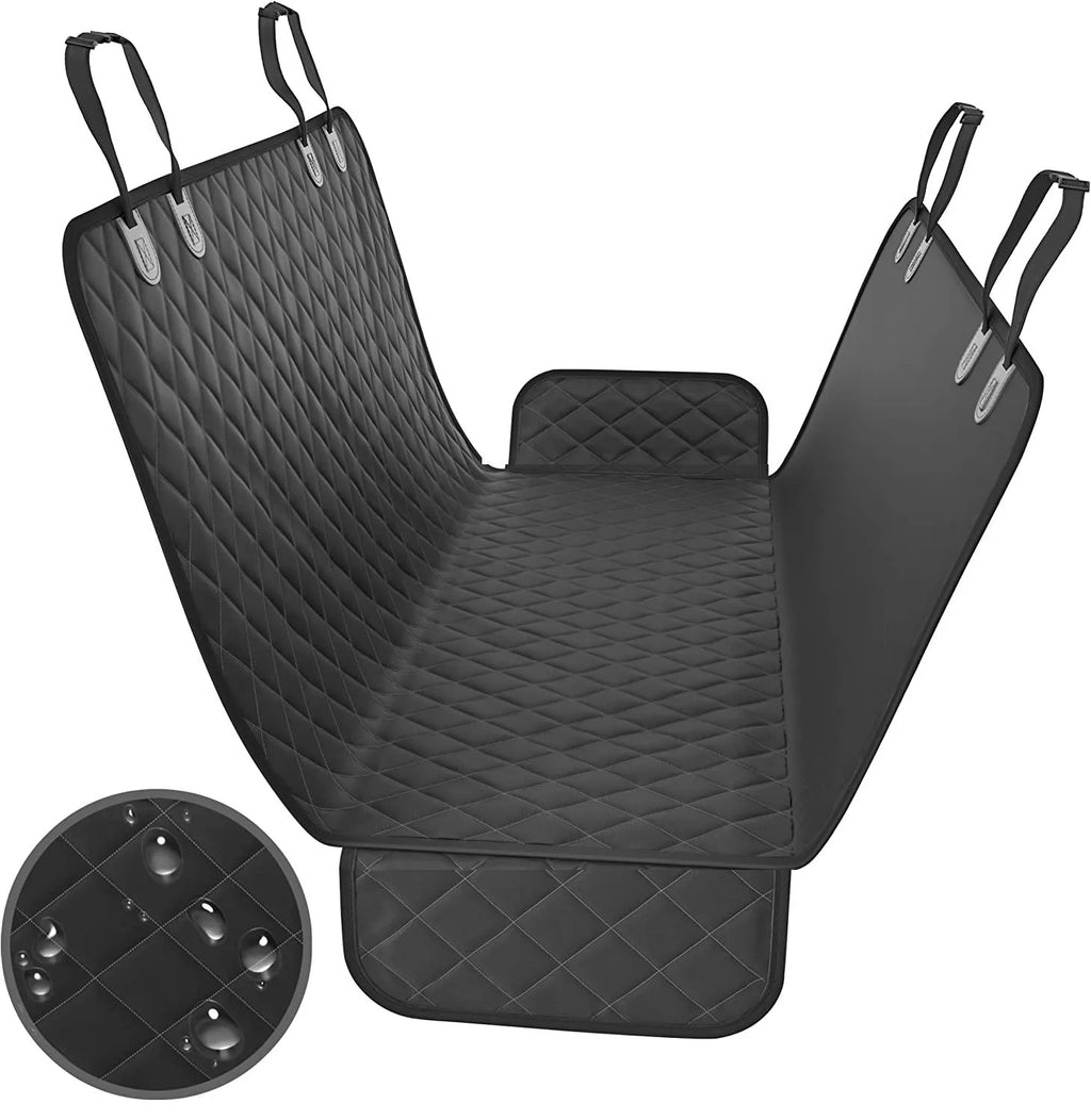 Waterproof cloth car pet kennel rear seat cushion in black measuring 137x147cm placed on a car back seat