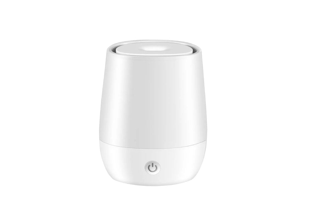 White USB aroma diffuser with flame simulation effect showing water tank and Type-C port