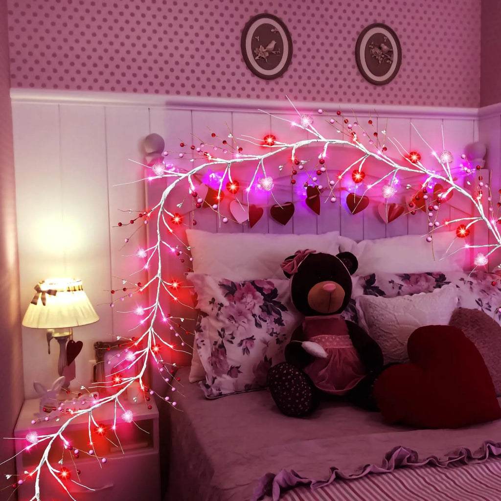 Heart-shaped rattan branch string lights with 48 pink lights on a 1.8m battery-powered string