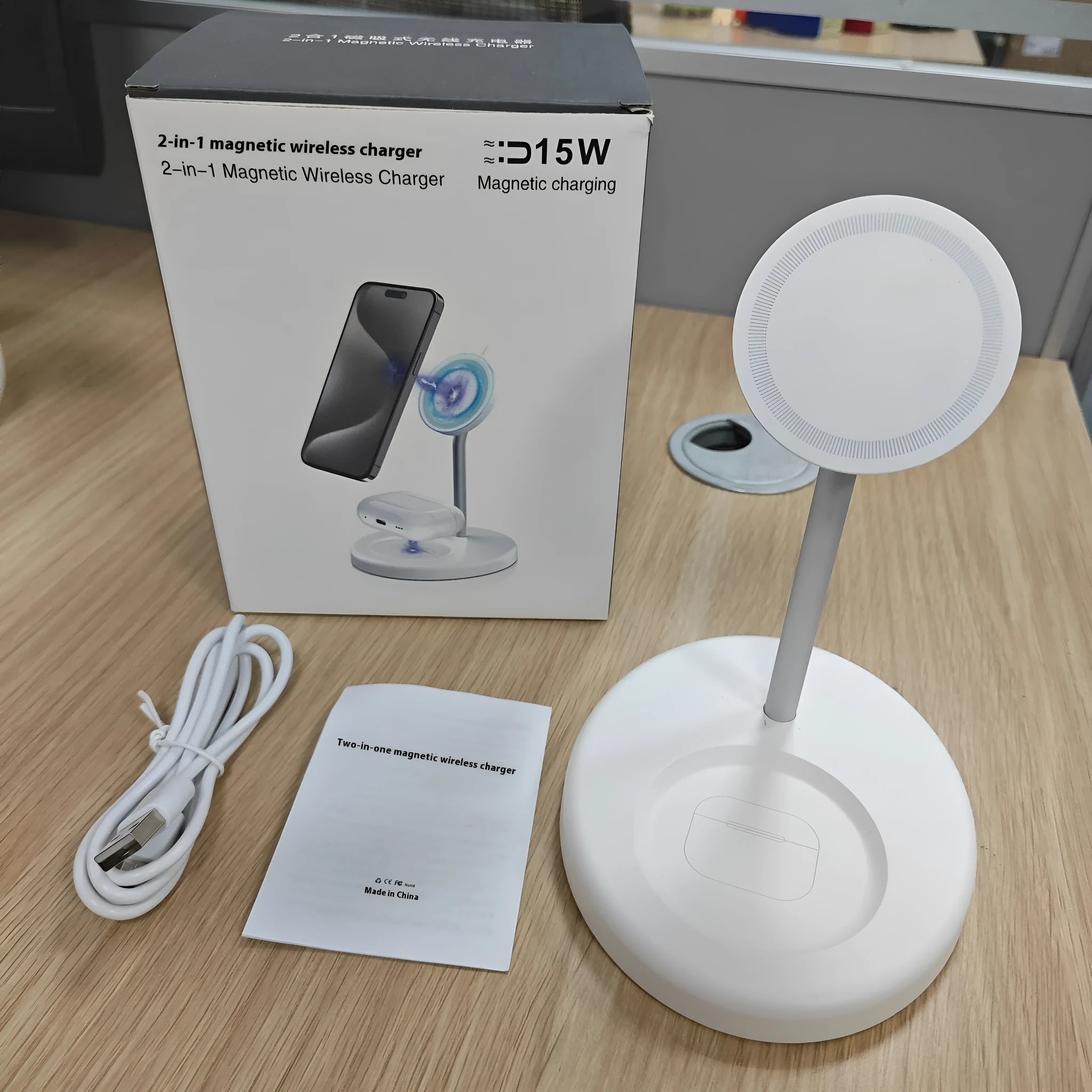 White vertical wireless charging stand holding a smartphone, showing the cooling vent hole on the side.