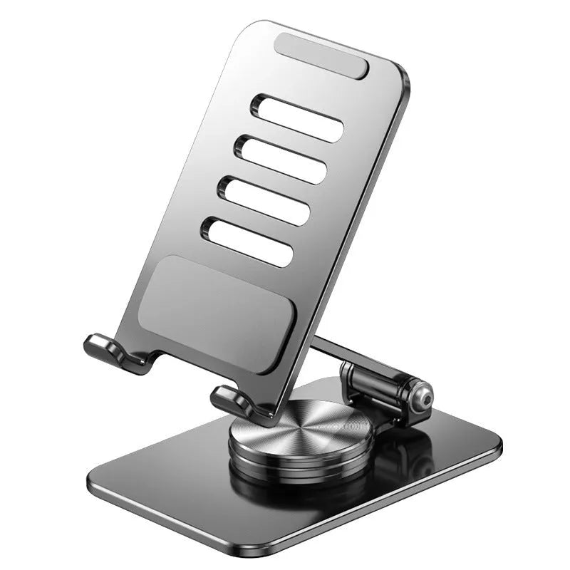 Rotatable folding mobile desktop stand in black on desk holding smartphone