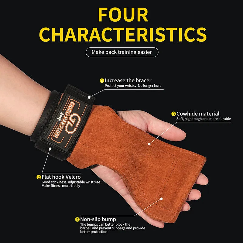 Pair of brown-red cowhide palm protectors for weightlifting and deadlifts