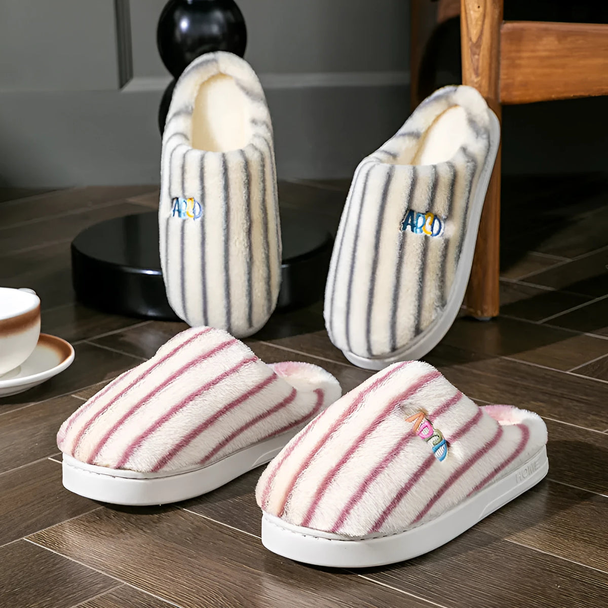 Cotton cloth vertical plush slippers in pink, green, purple, gray, coffee for men and women