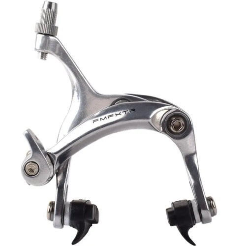 Black and silver metal bicycle brake clamps with dual-axis U-shaped design for road bike installation