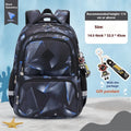 Blue children's Oxford cloth backpack with dinosaur print and curved shoulder straps.