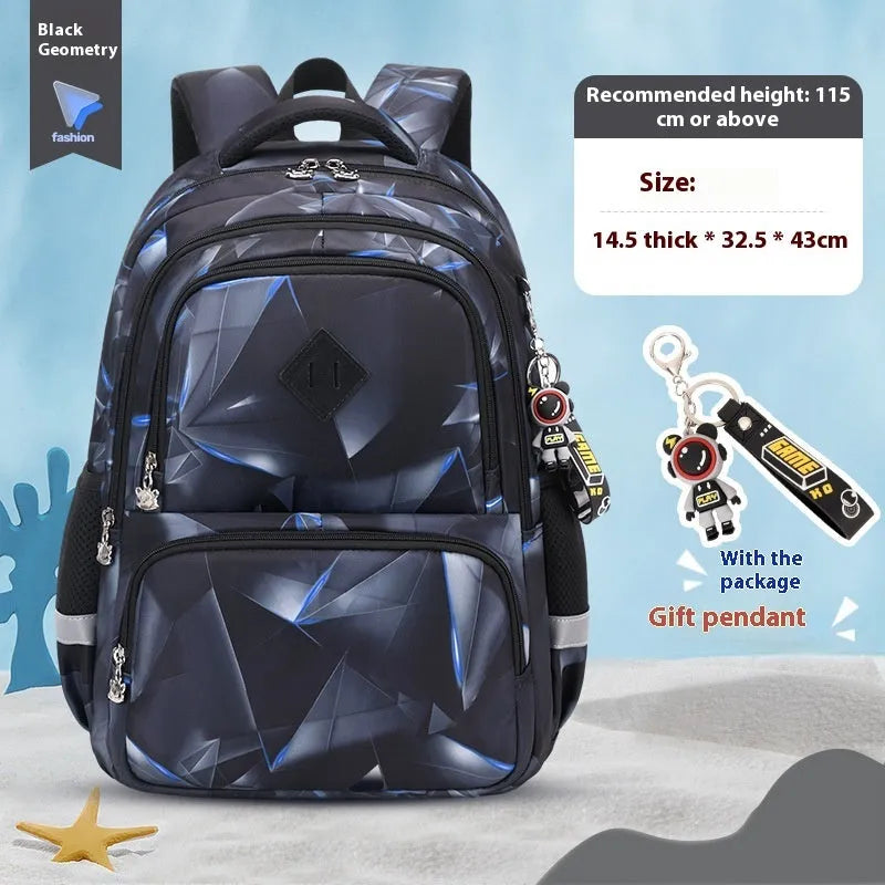 Blue children's Oxford cloth backpack with dinosaur print and curved shoulder straps.