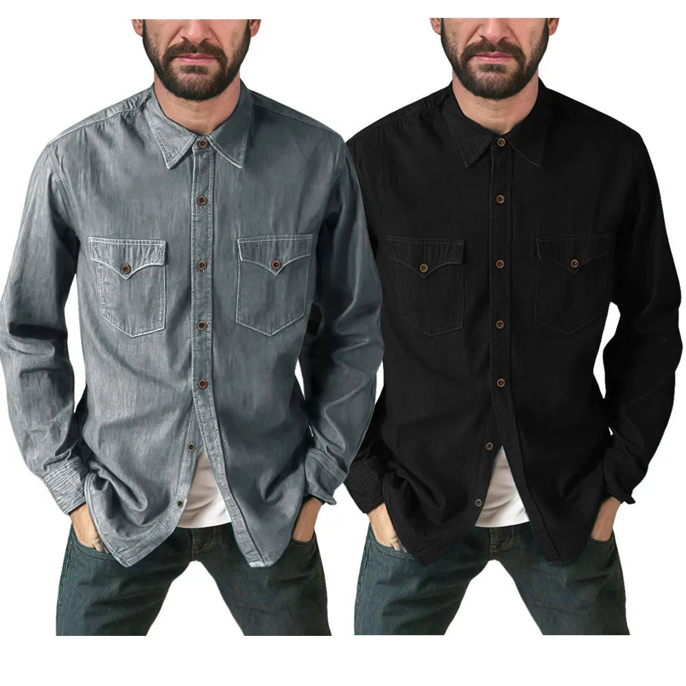 Denim cardigan coat in black, regular fit cotton fabric, front view on model