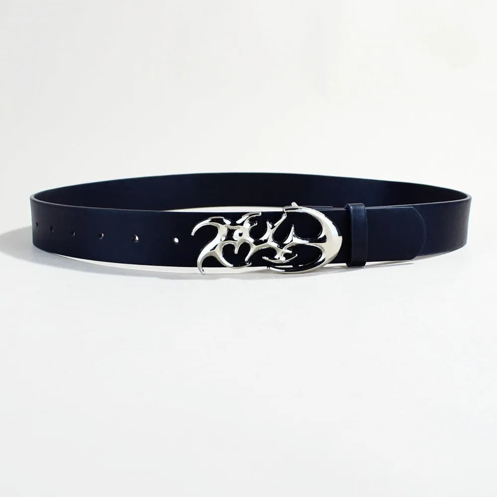 Men's silver buckle casual belt with snap button fastening on PU leather strap