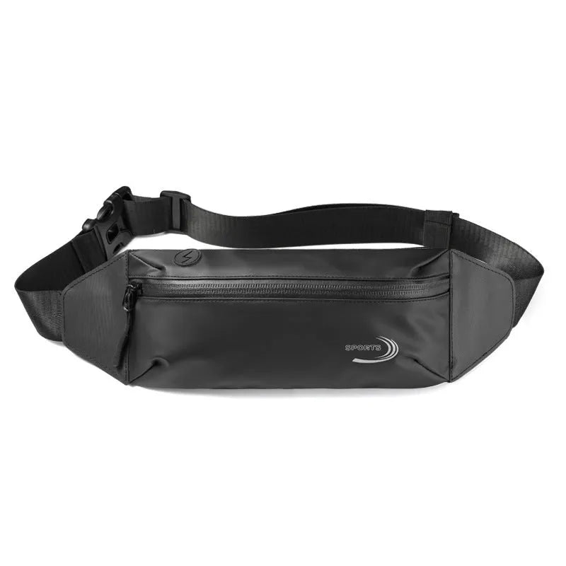 Men's solid-colour waterproof sports waist bag in Derm Oxford polyester, shown in blue, black, or grey