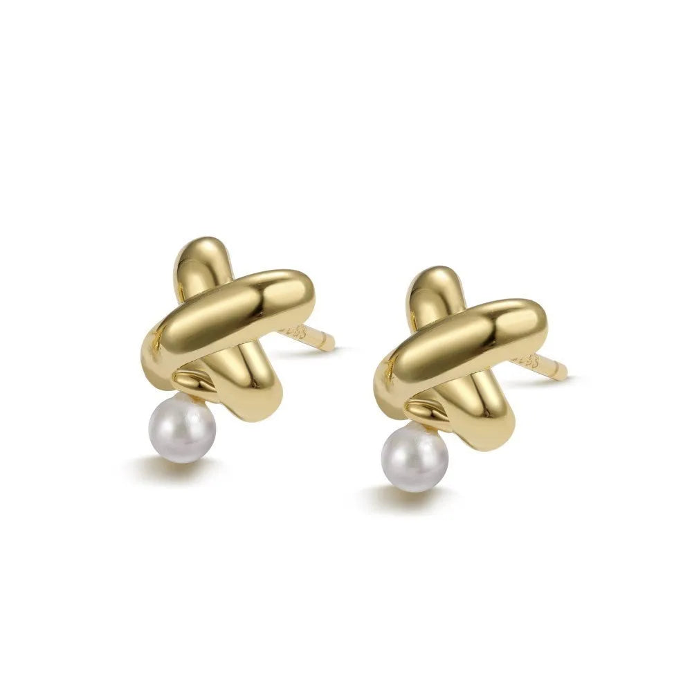 Micro pearl pendant X-shaped 925 silver earrings for women in gold finish