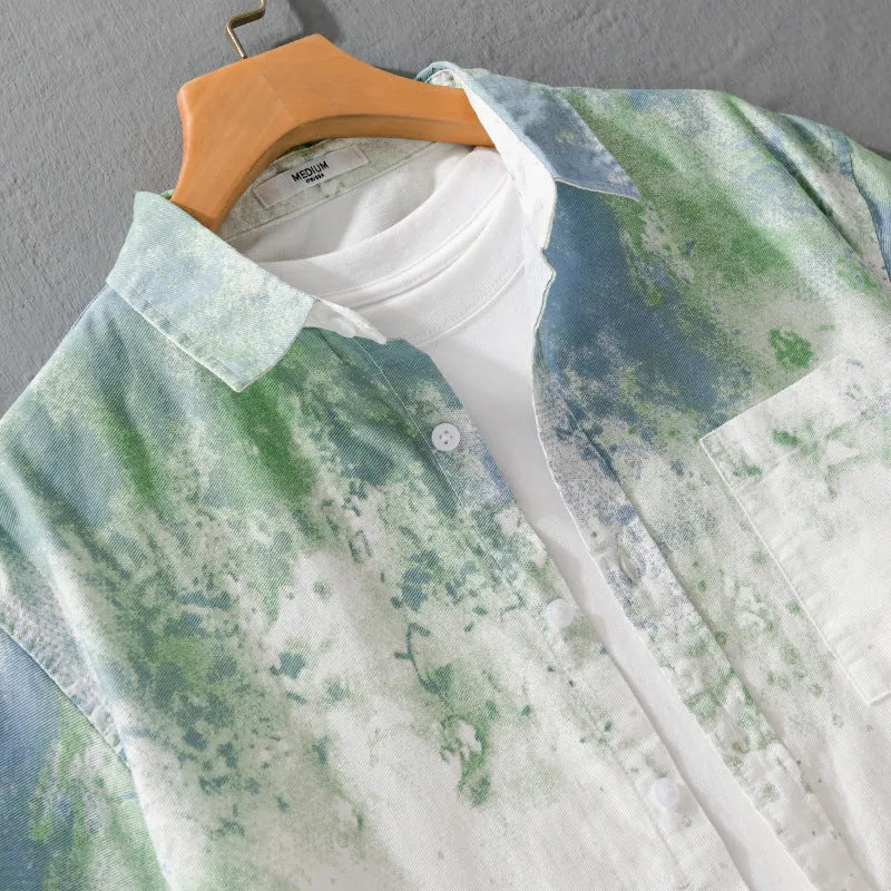 Men's hanging dyed pure cotton short-sleeved shirt in cardigan style with loose fit