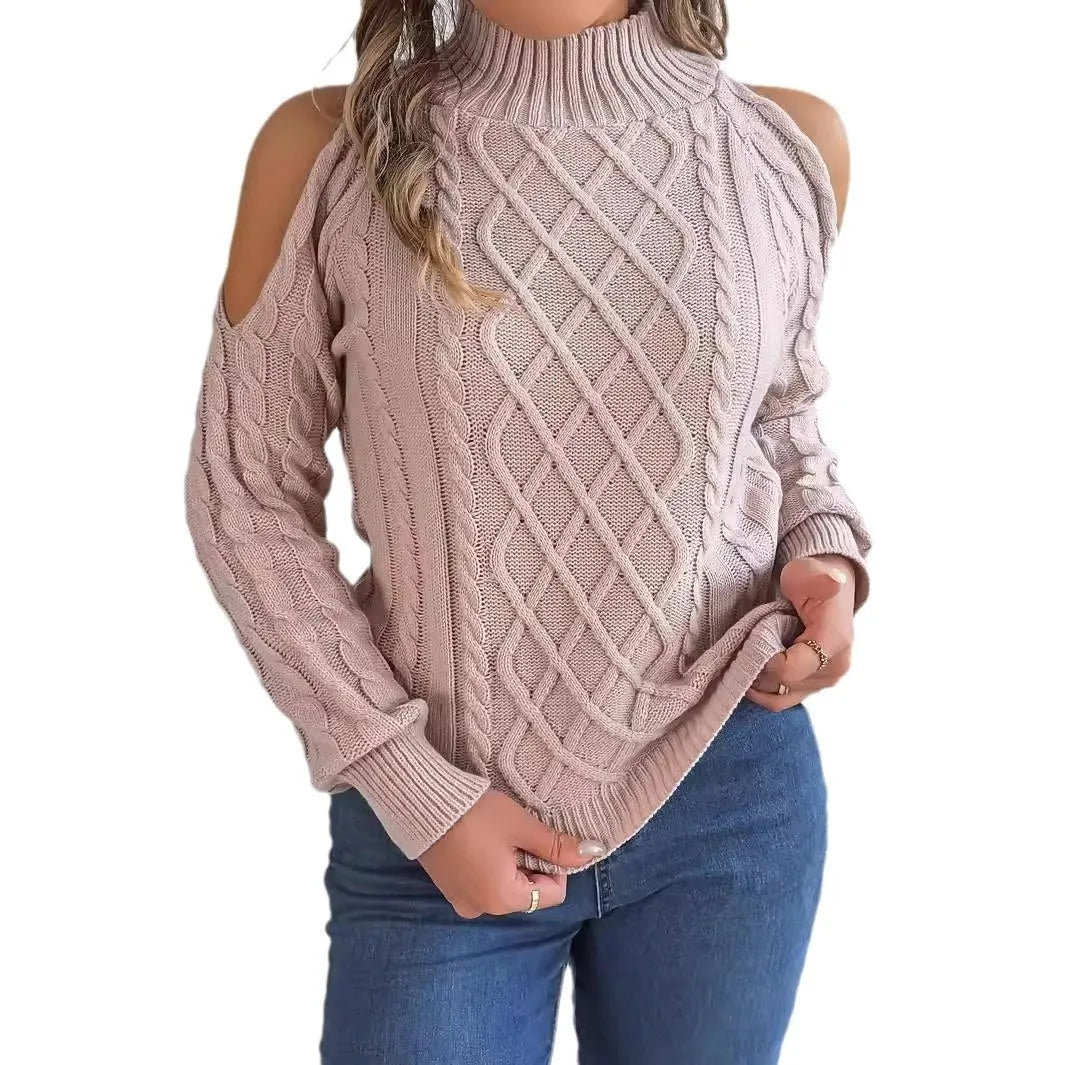 Women's twist pattern acrylic sweater with strapless half-high collar and lantern sleeves in multiple colours