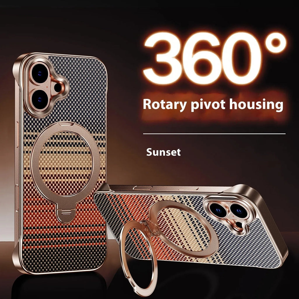 Black aramid fiber frameless phone case with bracket for iPhone 15 Pro Max