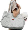 Grey handbag-style pet carrier for cats and small dogs with mesh panels and multiple pockets.