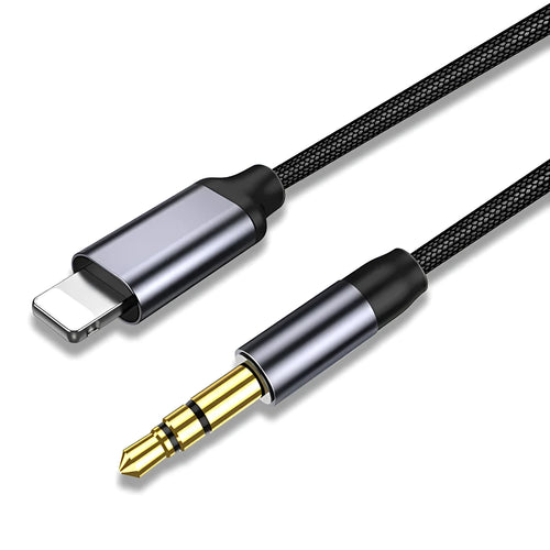 Nylon-braided 3.5mm audio cable with silver connectors in black and silver colour options.
