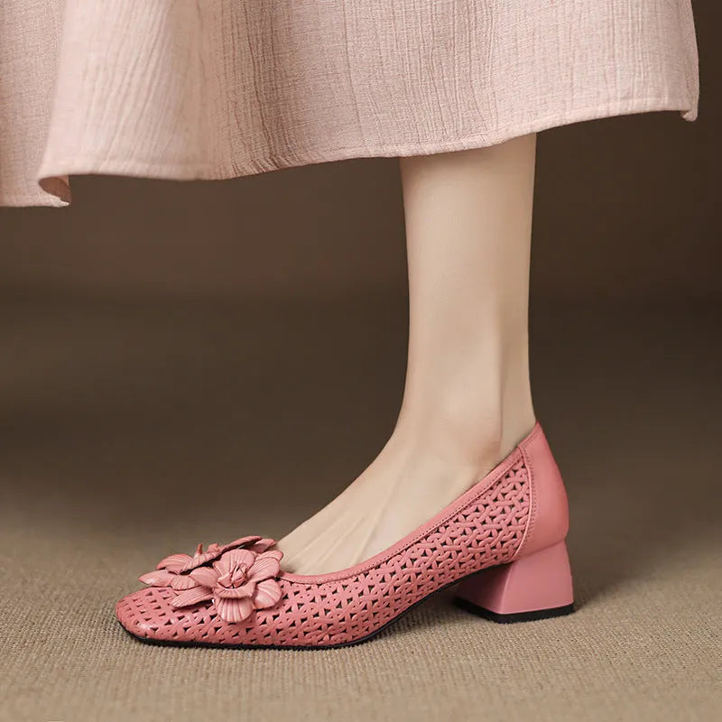 Women's light brown leather pump shoes with hollow weave design and mid heel