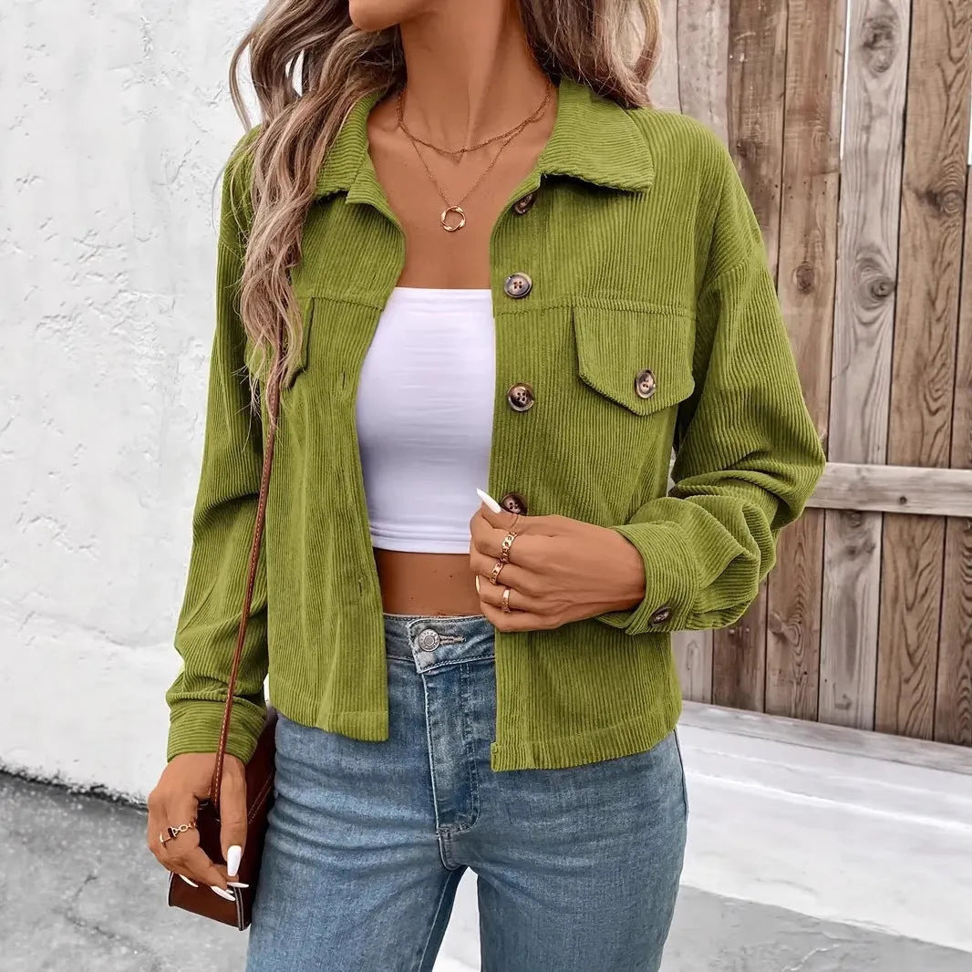 Women's brown retro-style loose-fit polyester shirt coat with long sleeves and button front.