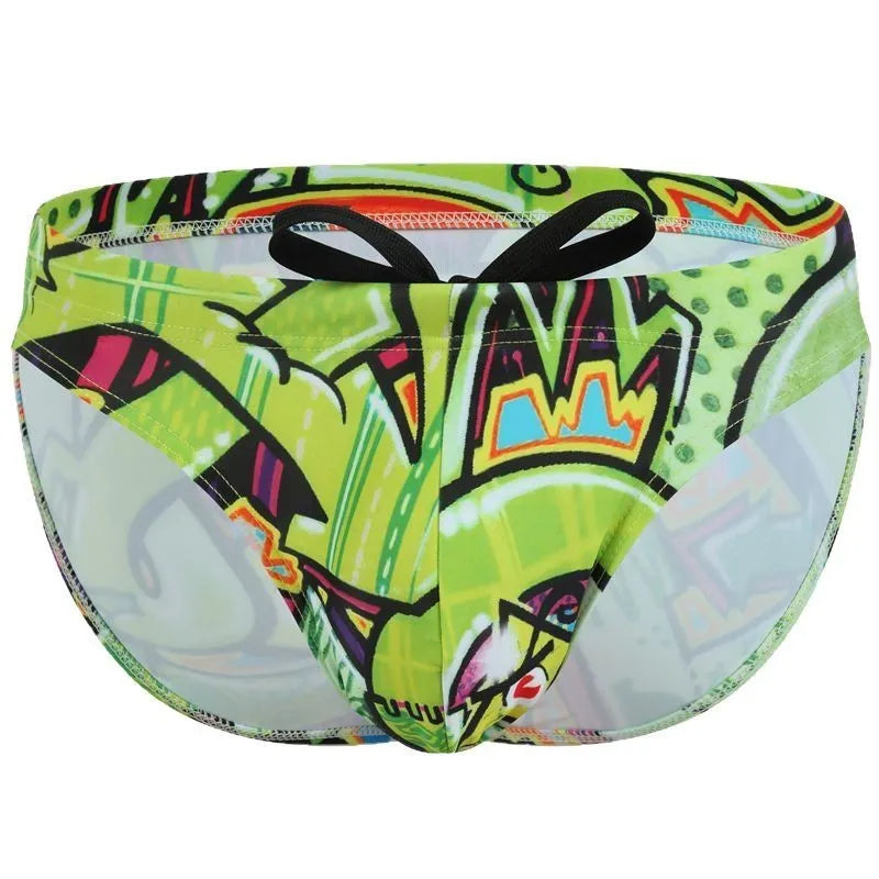 Men's printed swimming trunks in polyester fabric showing Cyber, Ice Cream, Streamer, and Skull design options.