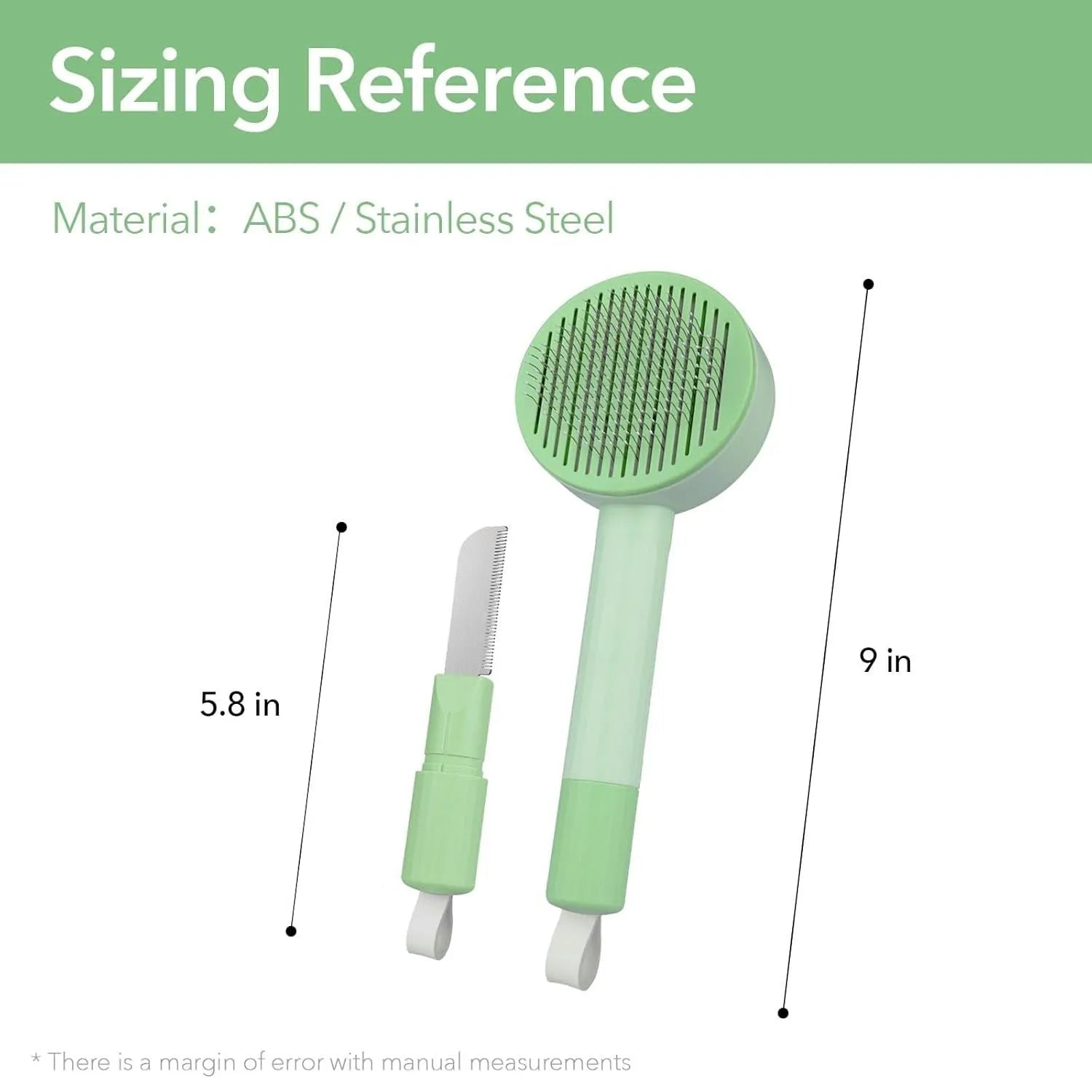 Green and yellow pet grooming brush with stainless steel teeth and a hanging loop for storage.