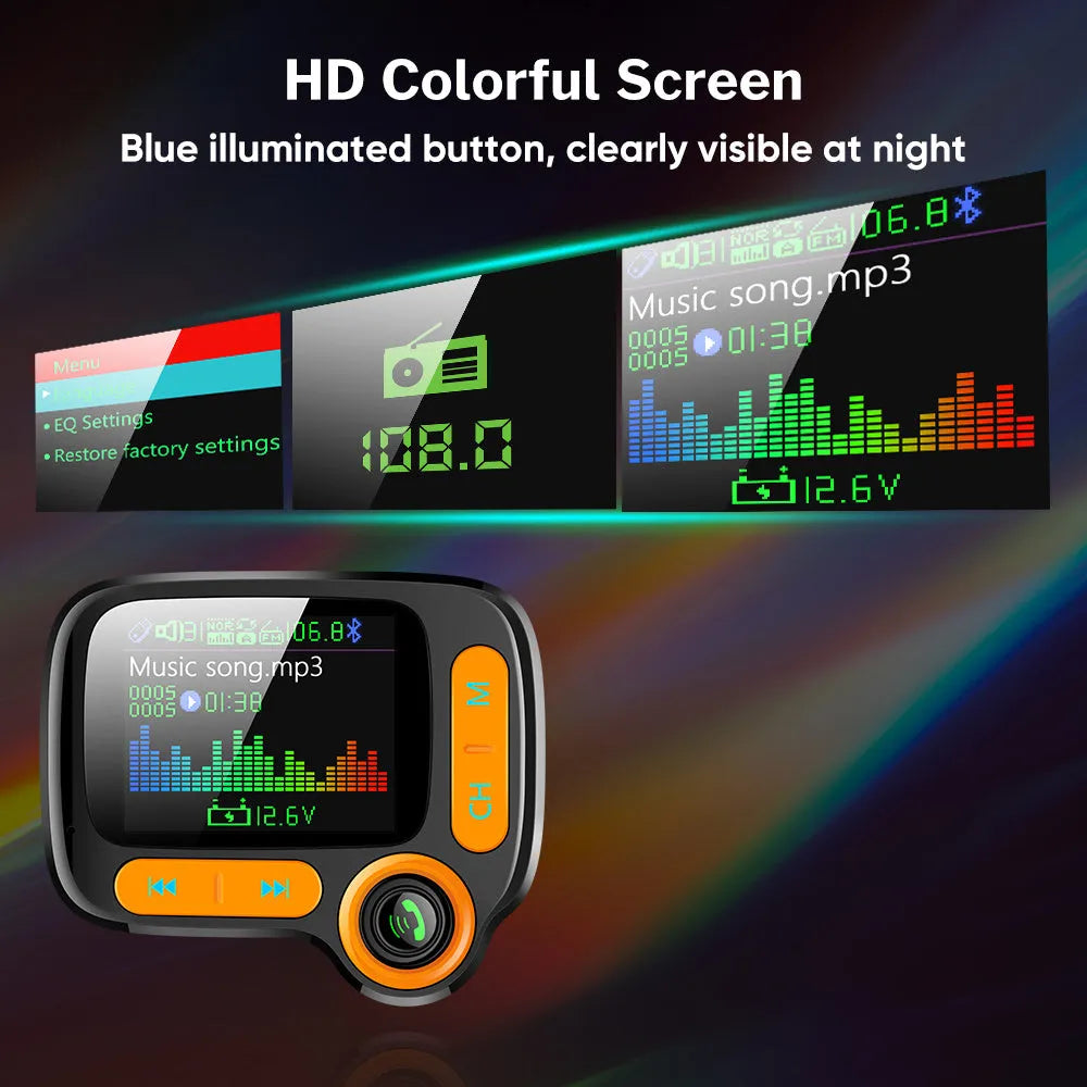 Car Bluetooth multi-function player with 1.77 inch OLED colour screen, QC 3.0 dual USB ports, and adjustable hose for cigarette lighter socket