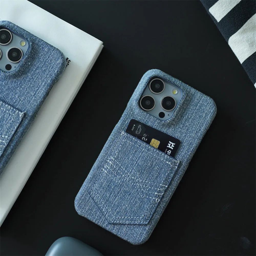 Denim card oil edge TPU phone case with magnetic suction for iPhone, showing animal and rhinestone accents on back