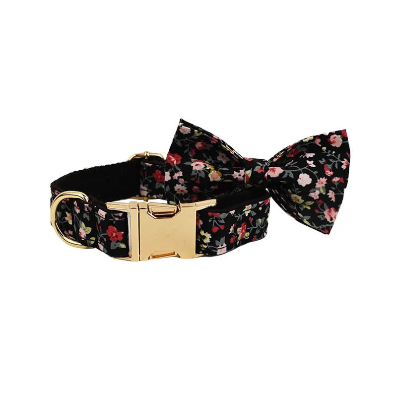 Cloth dog collar set with removable bow, printed lettering, matching leash, and vest in assorted colours
