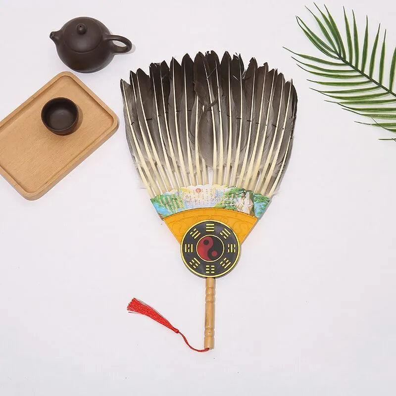 Handmade three-layer feather fan 33cm Zhuge Liang design decorative fan