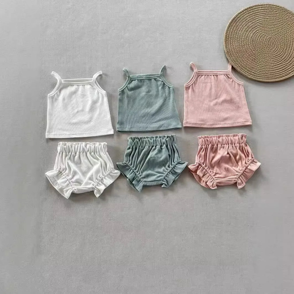 Thin rib cotton two-piece home wear set with sleeveless top and shorts in Rose colour for children 59cm to 100cm height
