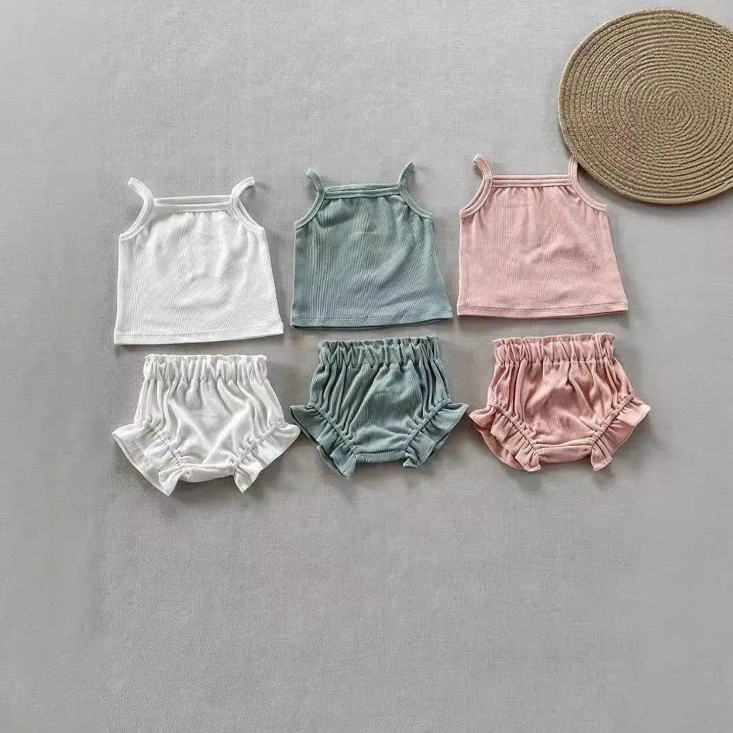 Thin rib cotton two-piece home wear set with sleeveless top and shorts in Rose colour for children 59cm to 100cm height
