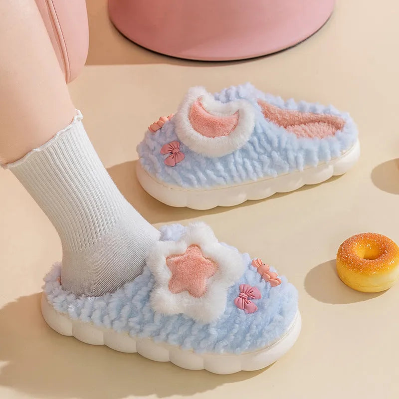 Women's light blue cartoon animal pattern fleece-lined slippers with round toe and PVC sole