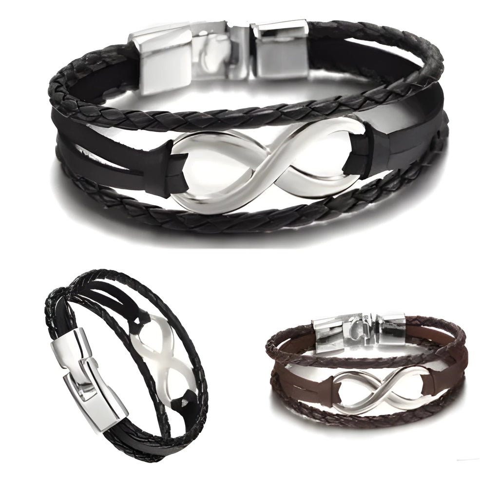 Unisex leather figure 8 bracelet in black and brown colours, geometric shape, individually packed
