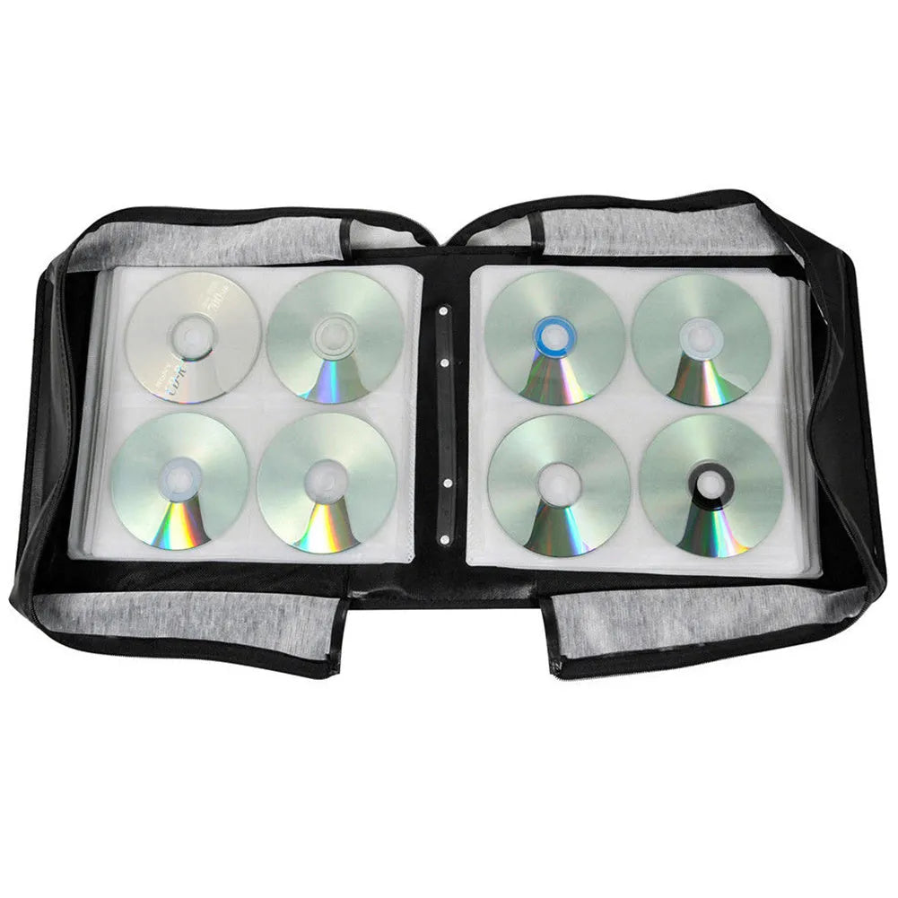 Black Oxford fabric CD storage binder with zipper closure and carrying strap