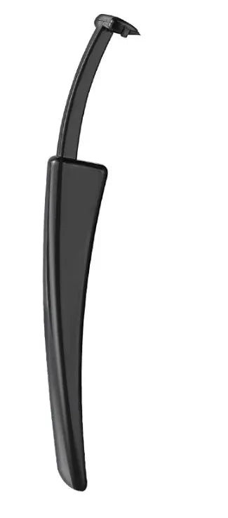 Black eyebrow trimmer set with stainless steel blade and compact 14x10x2cm size on a plain background.