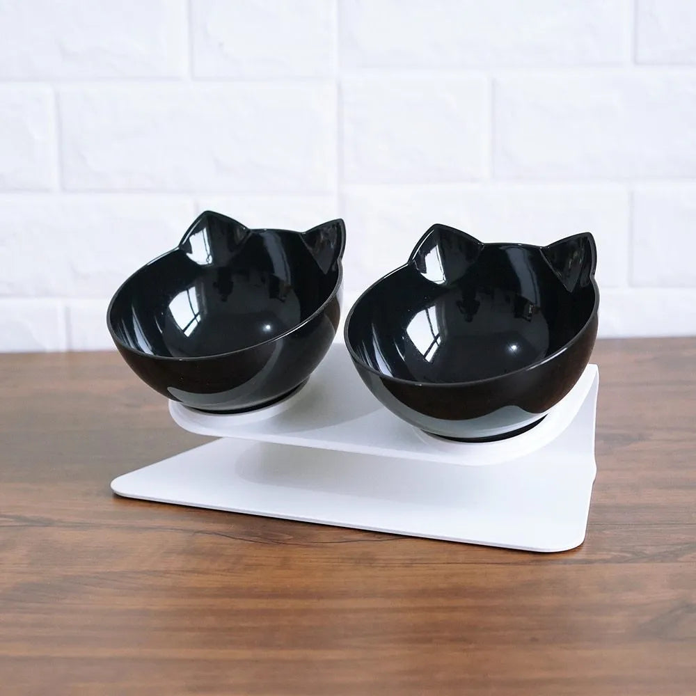 Non slip double cat bowl with raised stand transparent plastic pet feeder for dogs and cats