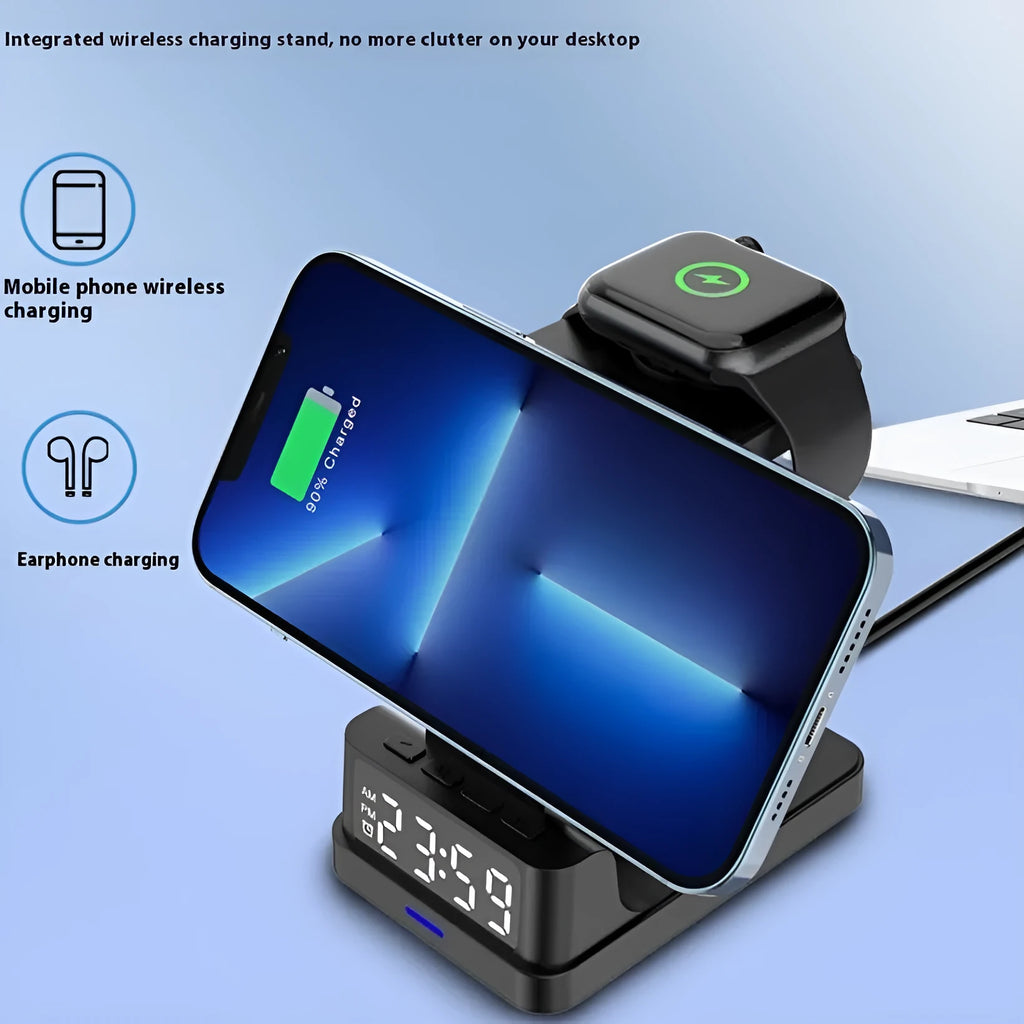 Black magnetic three-in-one wireless charger with clock and three charging pads on a desk