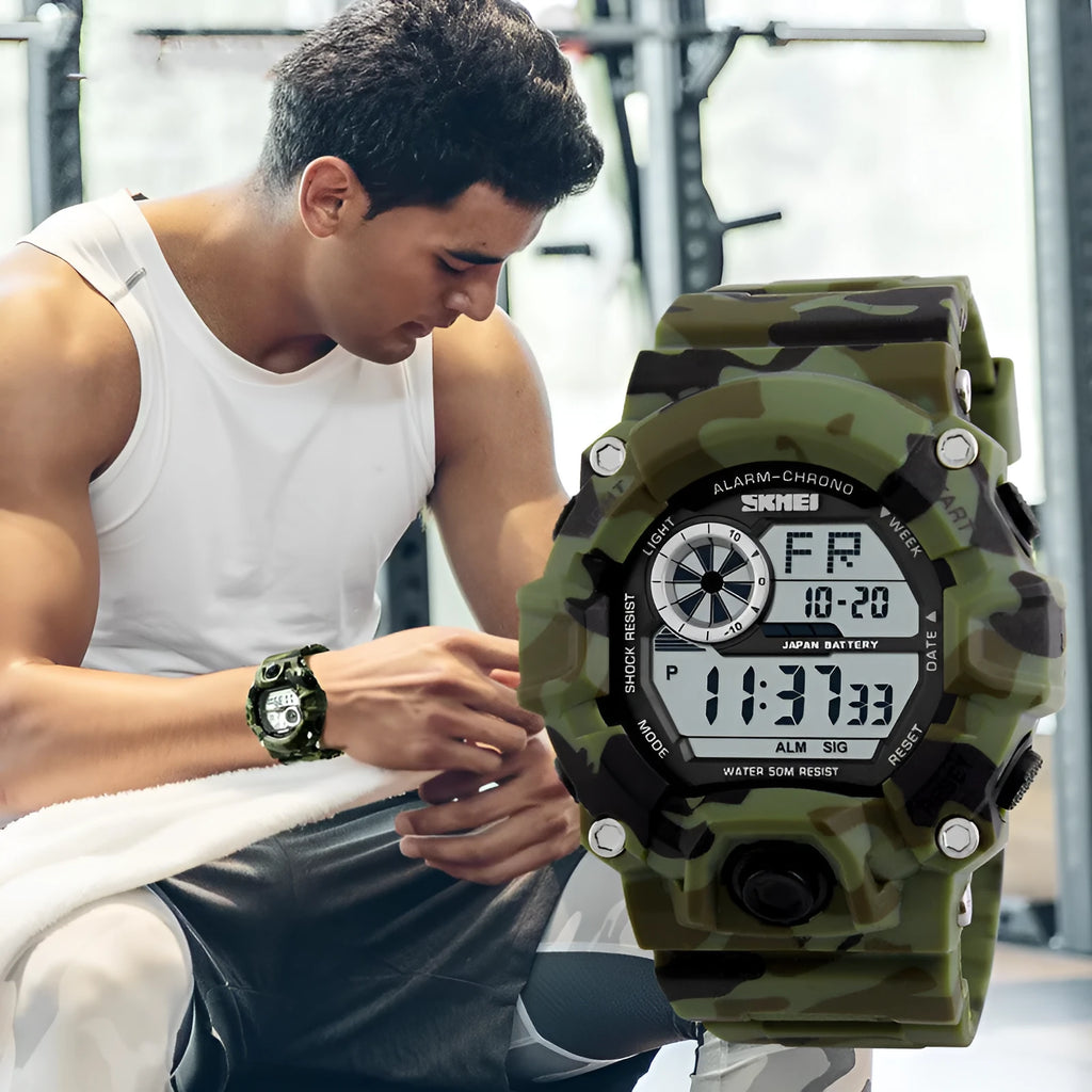 Multifunctional men's waterproof electronic sports watch with round dial on plastic strap.