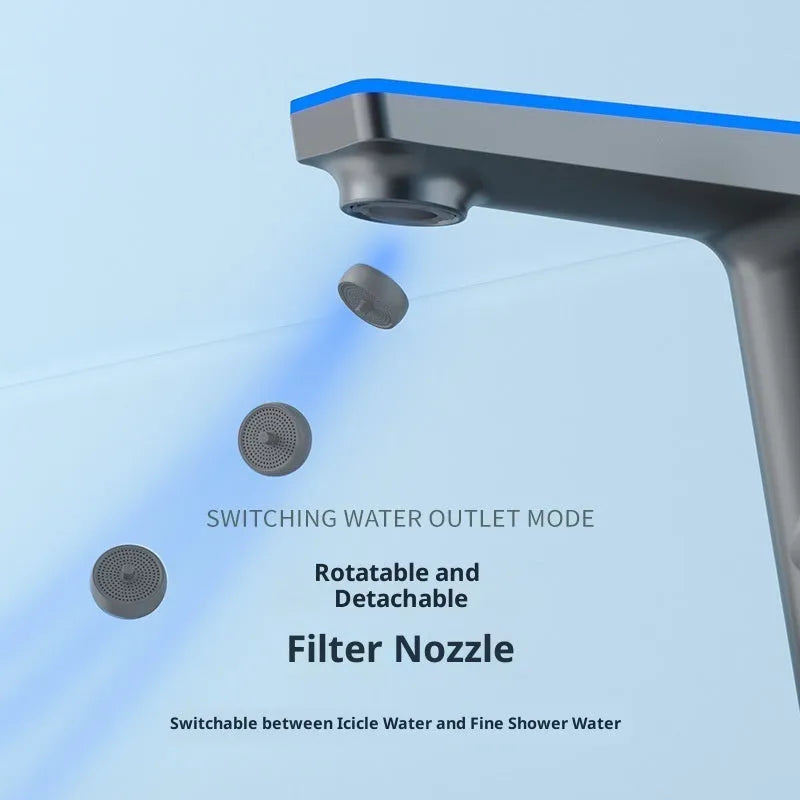 Digital display basin faucet with ambience light in gun gray finish with 80cm inlet pipe on a modern bathroom sink