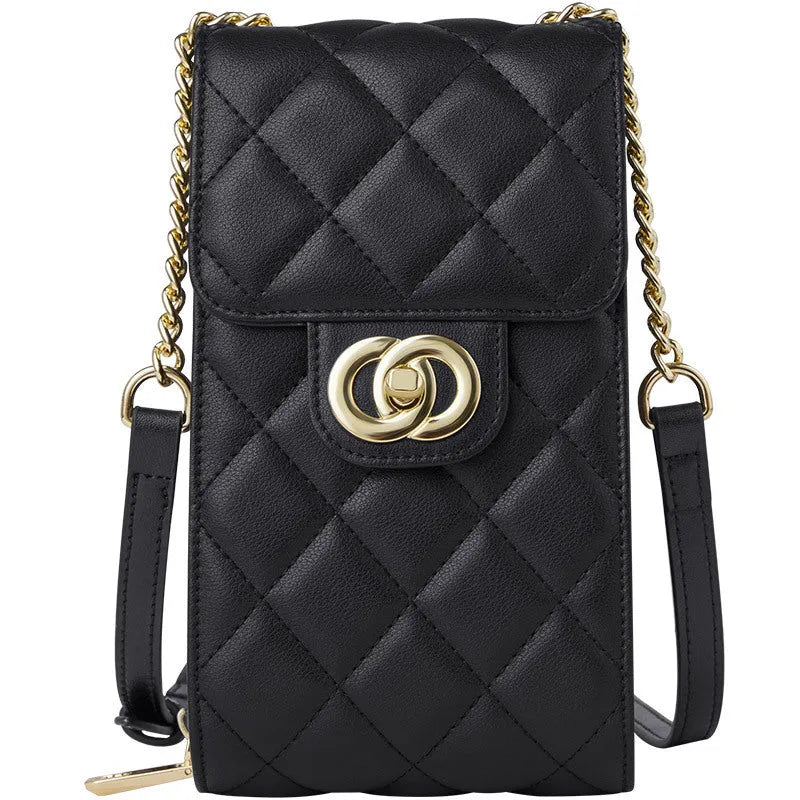 Women's genuine leather mini messenger bag in black with rhombus pattern and single shoulder strap