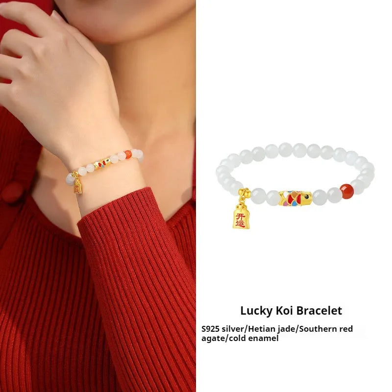 S925 sterling silver bracelet with natural Hetian jade and cold enamel koi fish design
