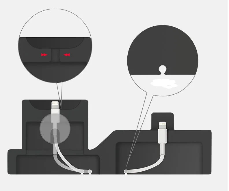 Black silicone 3-in-1 charging station for Apple iPhone, iWatch and AirPods on a desktop