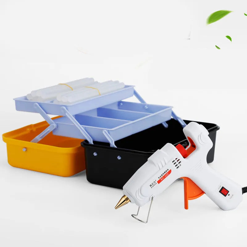 White electric hot melt glue gun with safety switch LED, anti-heat blanket, and metal stand.