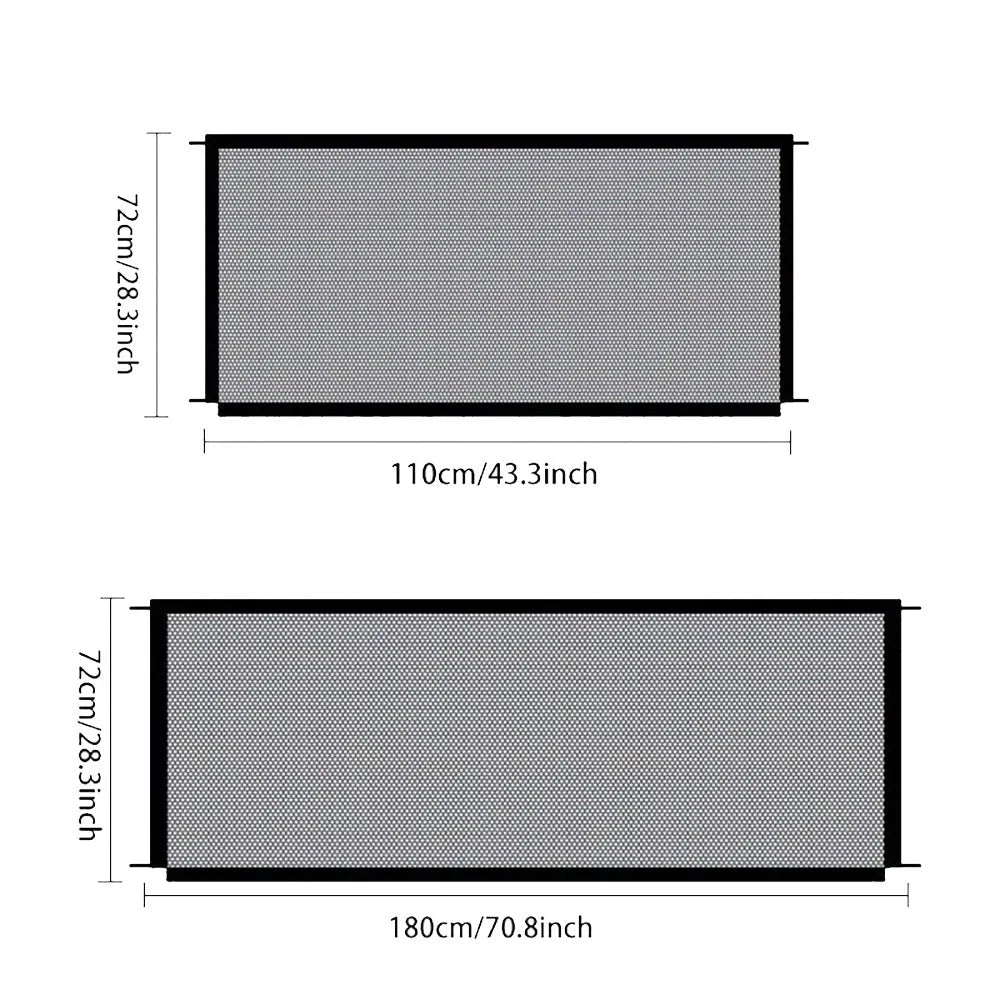 Foldable pet dog fence made of fibreglass mesh for indoor use, no drilling required, with hooks for doorway installation